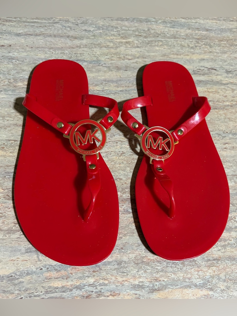 Michael Kors Glossy Red Jelly Thong Sandals with Gold MK Emblem